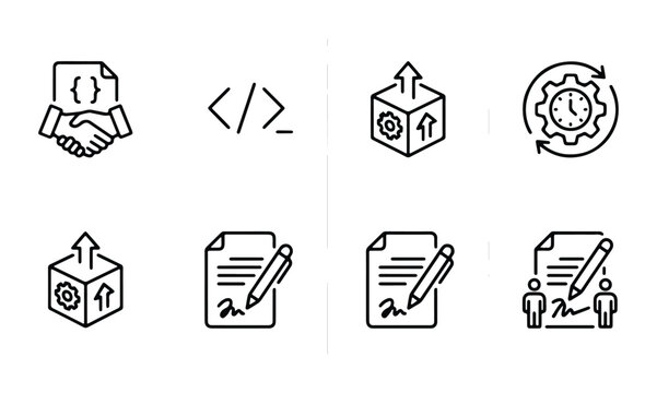 code and coding development process workflow set of six vector icons on white background