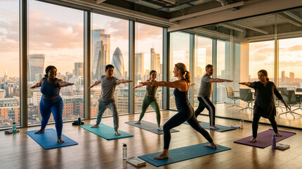 Fototapeta premium Diverse Group of Adults Exercising Together in a HighRise Cityscape Window Fitness Studio