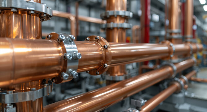 Copper pipes connected by flanges in industrial facility