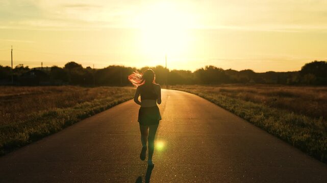 silhouette sports girl running legs along road sunset, well-being running, running athlete, exercise, cardio wellness, practicing morning jogging, sports recreation, training hard, compete for ball
