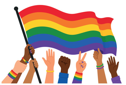 Diverse hands holding rainbow flag.