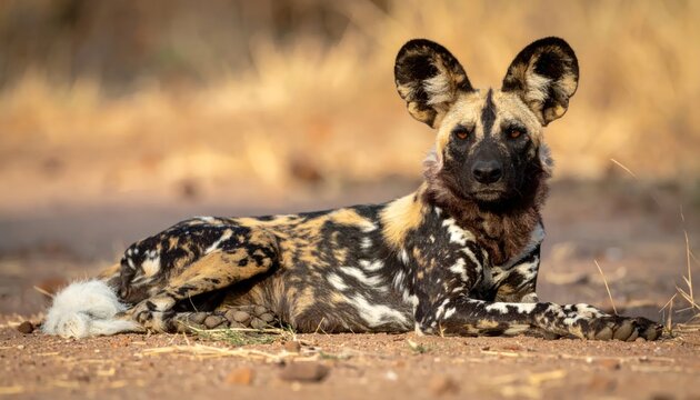 African Wild Dog Lying Down in Natural Habitat.