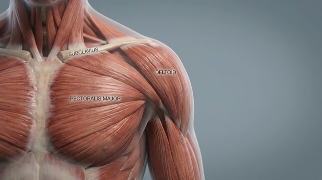 Detailed human chest and shoulder musculature, displaying Pectoralis Major, Deltoid, and Subclavius muscles with anatomical labels, for medical illustration, scientific diagrams