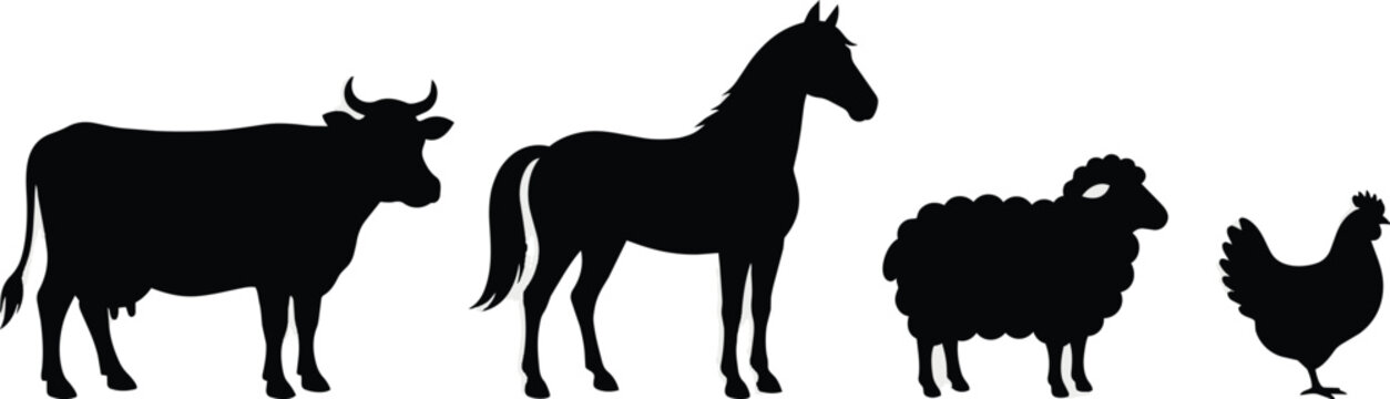 Silhouettes of farm animals including cow horse sheep and chicken