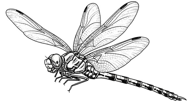 Vintage dragonfly vector illustration, detailed black and white insect sketch, hand drawn damselfly line art, botanical nature engraving for coloring