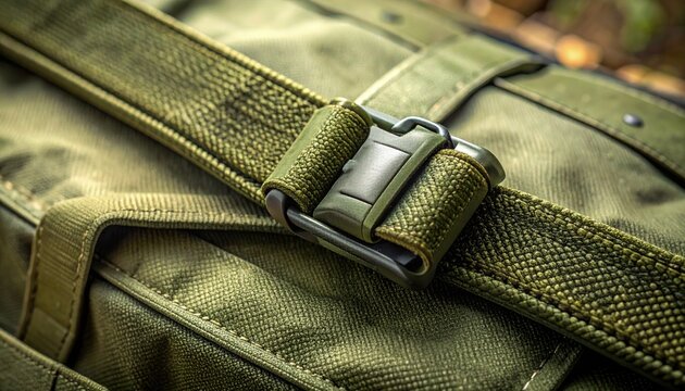 Close-up of a military-style green canvas bag with a sturdy buckle and straps