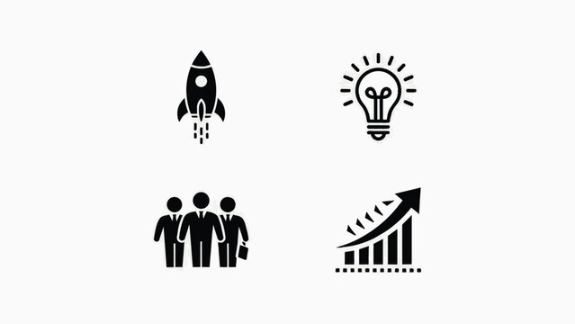Black and white business icons including a rocket, light bulb, people and a growing graph
