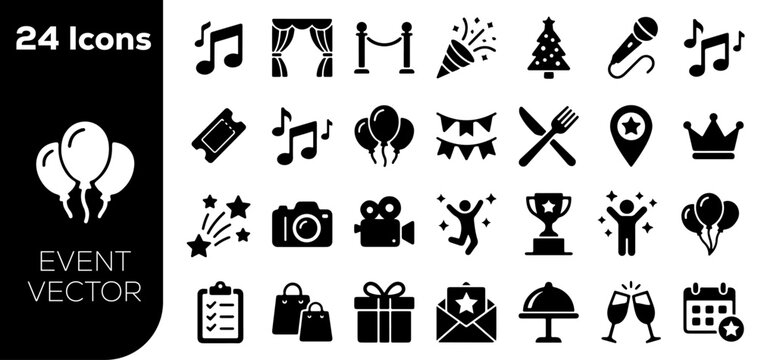 Event planning and celebration icon set with Black silhouette festive icons party balloons, music notes, and fireworks