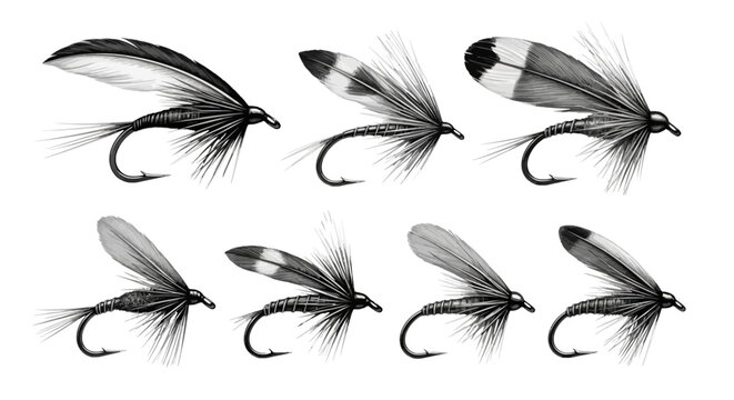 Vintage fly fishing lures collection, set of 7 detailed monochrome fishing flies, antique hand-drawn style angling bait vectors for outdoor sports