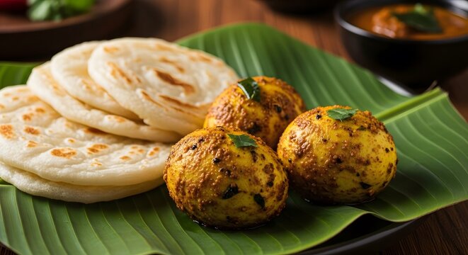 South indian breakfast flaky parotta and spicy chicken curry on banana leaf