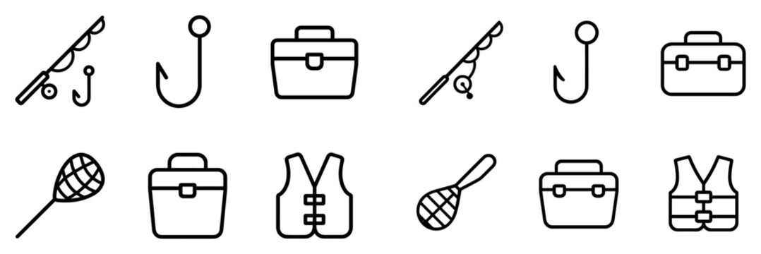 Fishing icons with rod hook net outline simple