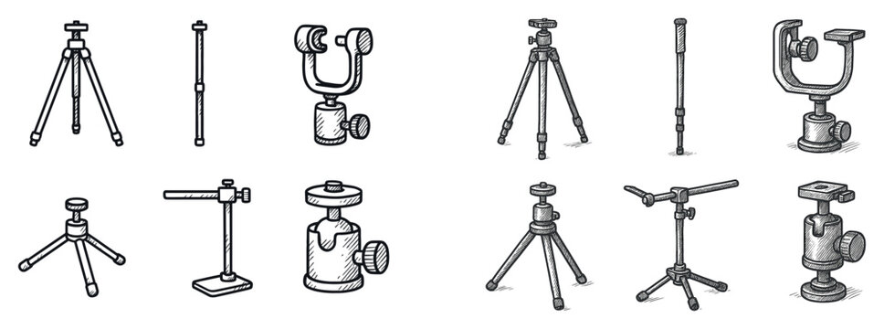 Photography icons with tripod monopod ball head outline