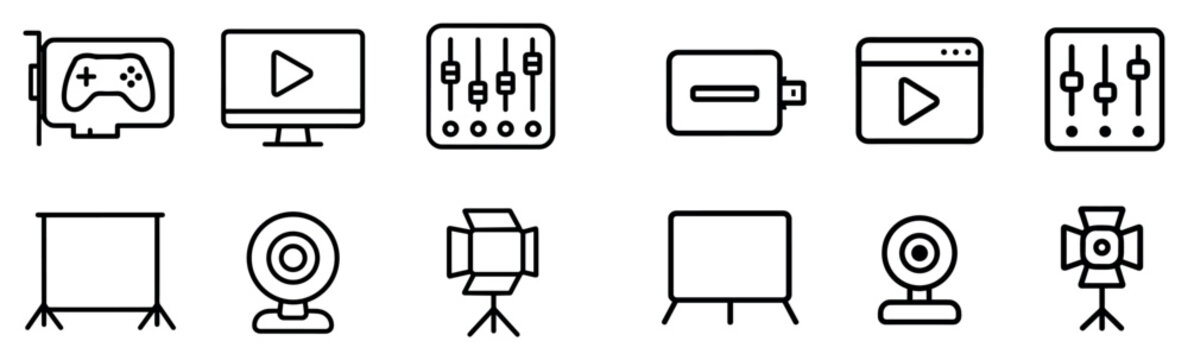 Media production icons with camera monitor outline style