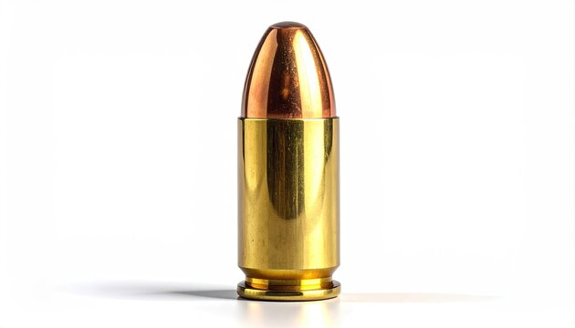 A metallic bullet, brass casing, copper tip, isolated on white, studio shot