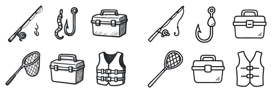 Fishing icons with rod hook tackle box minimal