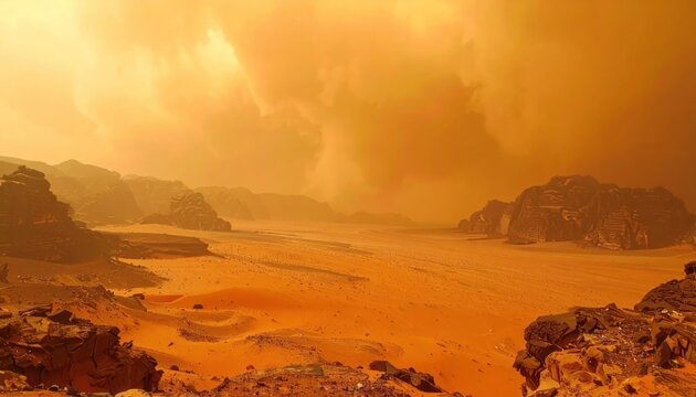 Alien Planet Landscape with Red Hues and Rocky Formations.