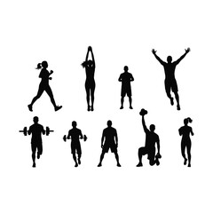 Obraz premium Fitness athlete silhouette collection with 9 vector elements, gym workout people training with weights and running, athletic male and female figures for sports branding and posters
