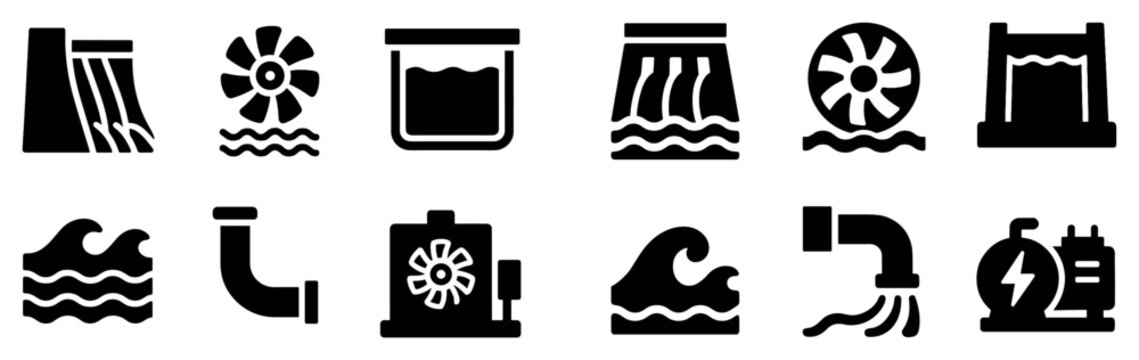 Hydro icons with dam turbine pump bold solid
