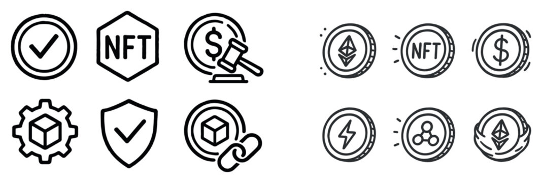 Cryptocurrency icons with coin gavel cube outline