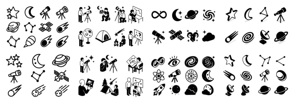 Astronomy symbols and activities icon set