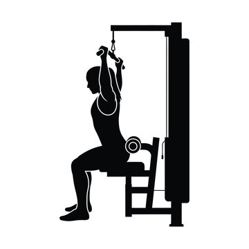 Black silhouette of woman performing lat pulldown exercise on gym machine, female athlete doing back workout on fitness equipment, strength training vector icon for sports app
