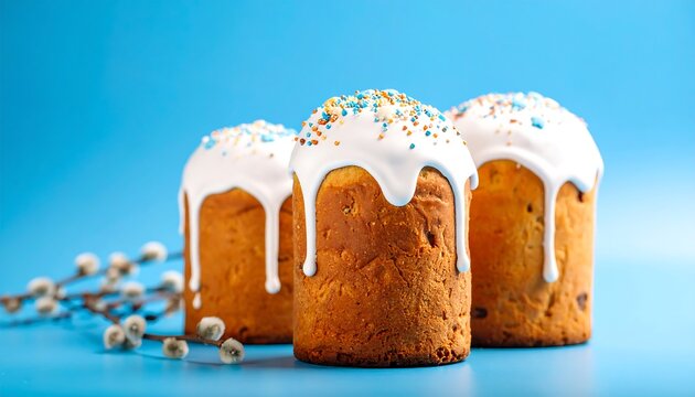 Three baked, cylindrical cakes topped with white icing and sprinkles against a gradient blue background. Willow branches in front
