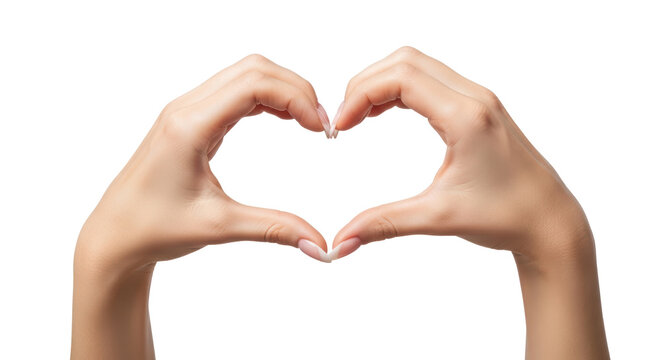 Heart shape hand gesture, female hands making love symbol, romantic finger heart sign for Valentines Day and charity concepts isolated PNG with Transparent Background