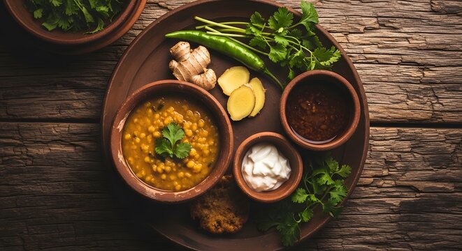 Authentic indian curry feast aromatic dishes on rustic wooden surface