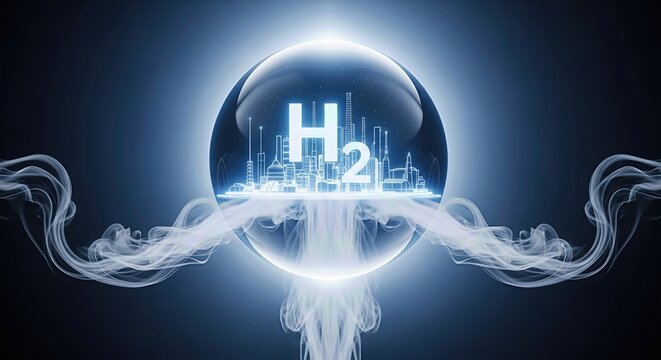 Glowing sphere demonstrating hydrogen energy production system, clean fuel element technology, sustainable industrial development, alternative power source generation, future technological solution.