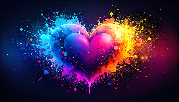 Vibrant heart shape exploding with colorful paint splatters, abstract expressionism, love and passion symbol, dark background