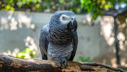 Obraz premium An African Grey Parrot Perched on a Branch in Natural Light.