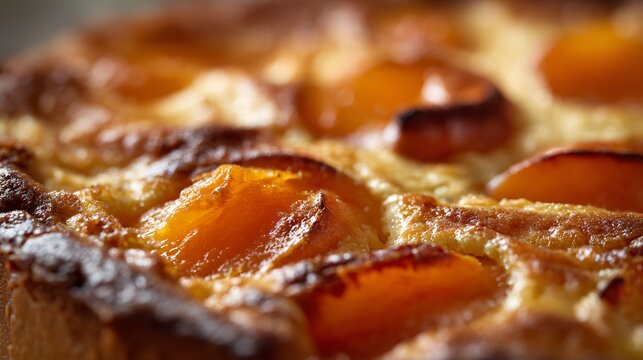 Close up macro of apricot clafoutis surface showing caramelized apricot edges and creamy custard texture, shallow depth of field, warm highlights emphasizing glossiness