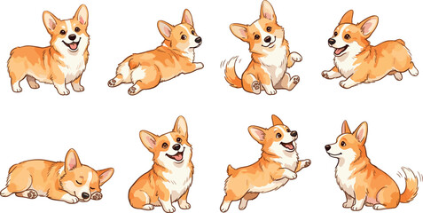 Obraz premium Cartoon Corgi Collection in Various Poses and Actions for Pet, Animal, and Dog Illustrations