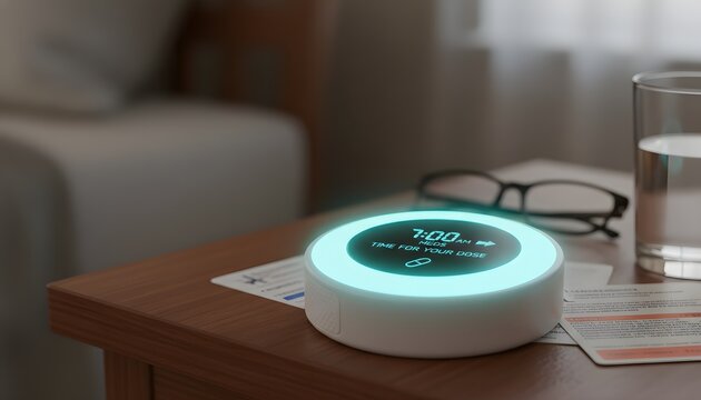 A glowing digital medicine reminder device on a bedside table prompts the user to take their dose at 7 00 AM next to water and glasses