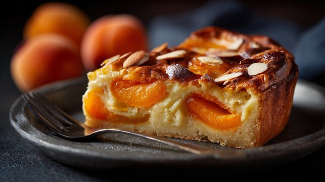 Apricot clafoutis styled for luxury advertisement, perfect surface, charcoal background, controlled spotlight
