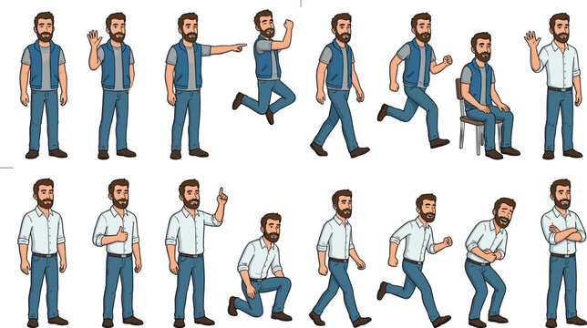 Cartoon Male Character Collection in Different Poses and Actions for Business, Office, and Character Design Illustrations