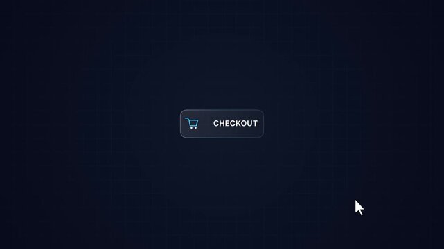 A white computer mouse cursor clicks on a checkout button on a dark background with a white banner.