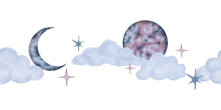 Soft clouds with a moon, planet and sparkling stars. Horizontal border with a cosmic feel. Hand drawn watercolor illustration. Suitable for lullaby and nursery designs, wall decals and wallpaper.