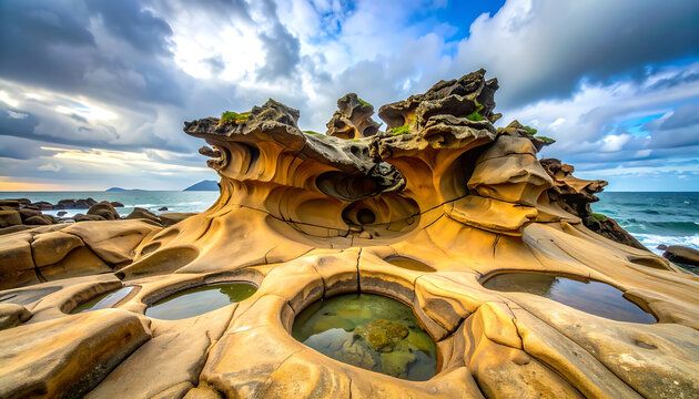 Unique geological rock formation on a rocky coastline with tide pools, dramatic clouds, and ocean waves, showcasing natural erosion patterns and rugged beauty