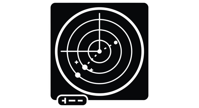 Black and white illustration of a radar screen with circular rings and blips