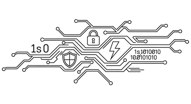 Cybersecurity circuit board design with lock shield and binary code elements