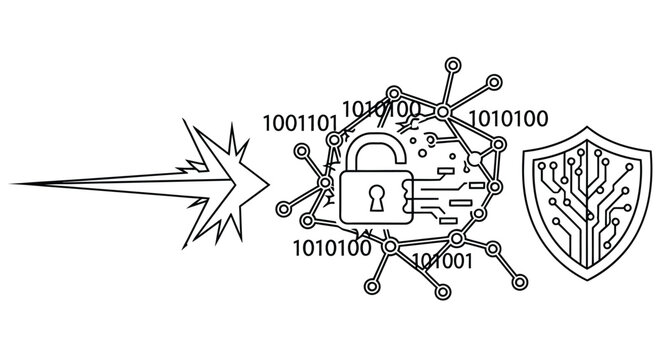 Cybersecurity concept a digital lock under attack by a virus protected by a shield