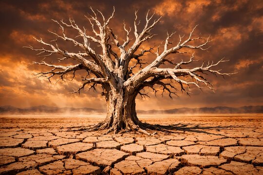 Beautiful but tragic scene of a solitary dead tree standing on parched cracked soil. Excellent choice for dramatic environmental awareness and drought background.