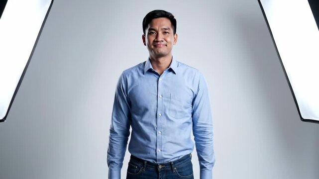 southeast asian man in blue shirt giving double thumbs up gesture with awkward smile. male model posing in photography studio with softbox lights visible. positive approval concept.