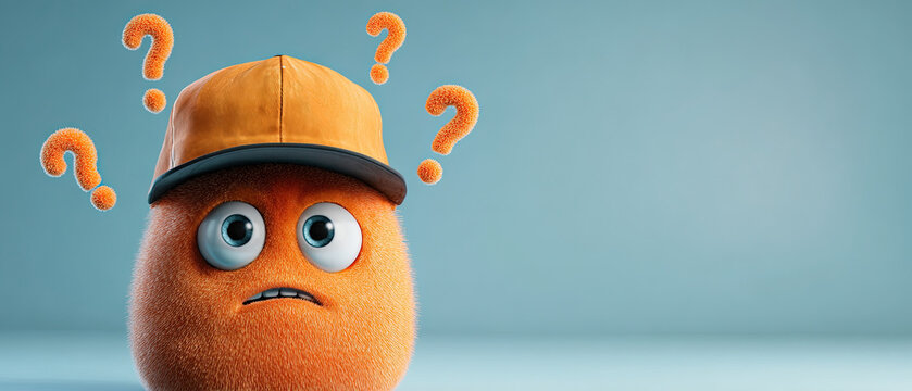 Adorable orange fuzzy character in a yellow cap with questioning expression, surrounded by question marks on a blue background. Concept of confusion or uncertainty.