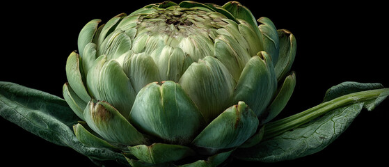 Fototapeta premium Detailed close-up of a green artichoke with textured leaves on a black background, ideal for food, culinary, and healthy lifestyle concepts.