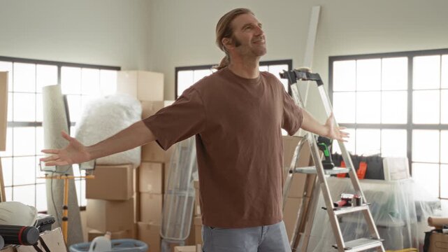 Man with outstretched arms beside aluminum ladder and stacked moving boxes in sunlit building interior; relief renewal.