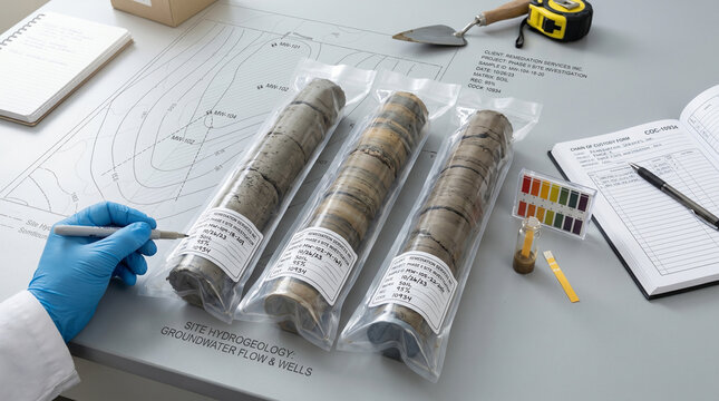 A research technician with a blue glove looks at soil core samples in clear bags on a table. A map and testing materials are present in the lab. The setting shows a focus on environmental analysis.
