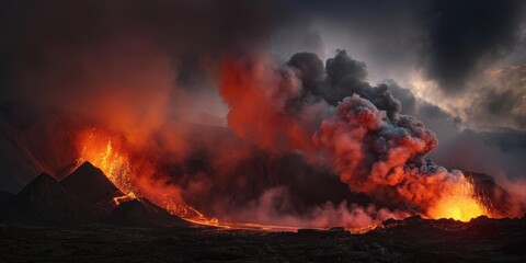 Fototapeta premium Dramatic Volcanic Eruption with Fiery Lava Flow and Dense Smoke Plume at Dusk.