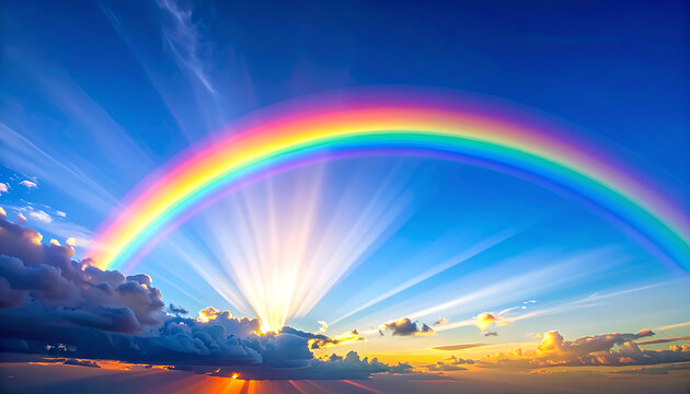 Vibrant rainbow arching across a dramatic sky with sun rays bursting through clouds at sunset, symbolizing hope and new beginnings